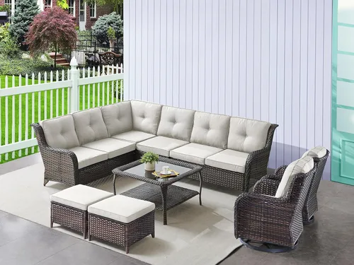 Miniatura 28 de HUMMUH Sillas Mecedoras Giratorias de Mimbre para Patio Exterior con Respaldo Alto, Sillas Deslizantes de Ratán PE, Juego de Muebles de Patio de 4