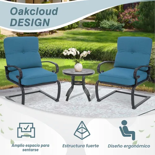 Miniatura 6 de Oakcloud Juego de 3 sillas acolchadas de metal para exteriores, sillas acolchadas y mesa de bistró de hierro forjado, color azul