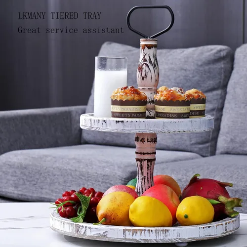 Miniatura 6 de Bandeja escalonada Bandejas de dos niveles Soporte redondo rústico para magdalenas, soporte para servir pasteles con asa para sala de estar, fiesta