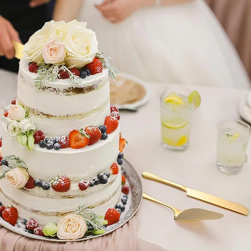 Miniatura 5 de Juego de cortar pasteles para bodas, servidor de tartas, cuchillo y servidor de acero inoxidable, cortador de pastel dorado para cumpleaños, fiestas