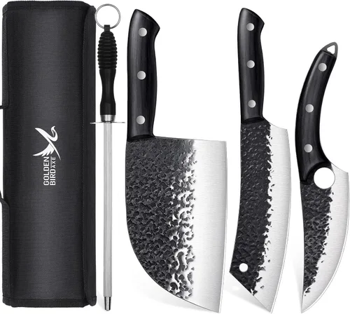 Miniatura 8 de Juego de cuchillos de chef japonés Golden Bird con bolsa enrollable, juego de cuchillos de carnicero forjado a mano para corte de carne, cuchillos