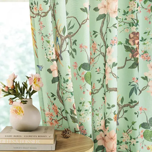 Miniatura 21 de Cortinas de lino florales azules y amarillas, estilo vintage, bohemio, de 63 pulgadas, 2 paneles con pestaña trasera para sala de estar