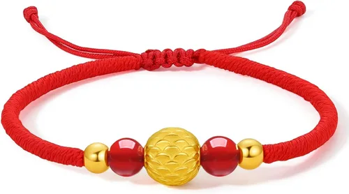 ZHOU LIU FU 24K Solid Gold Bracelet Luck Fish Real Gold Charm Bracelet Adjustable Jewelry Braided Bracelet for Women Teens Girls