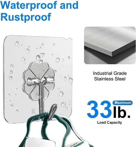 Miniatura 4 de Paquete de 12 ganchos autoadhesivos resistentes – transparentes, impermeables, ganchos de pared adhesivos para llaves, baño, ducha, exterior, Claro