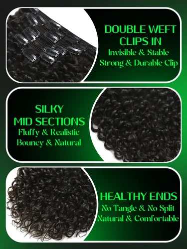 Miniatura 3 de Anrosa Extensiones de cabello humano con clip, cabello natural negro #1B, rizado en espiral, extensiones de cabello humano con clip para mujeres