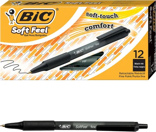 BIC Bolígrafos retráctiles negros de tacto suave, punta media (0.039 pulgadas), paquete de 12 unidades, bolígrafos negros con agarre cómodo y suave