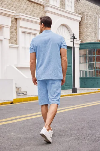 Miniatura 3 de COOFANDY Conjunto de lino de 2 piezas para hombre camisas casuales Henley de manga corta pantalones cortos de yoga para playa trajes de verano