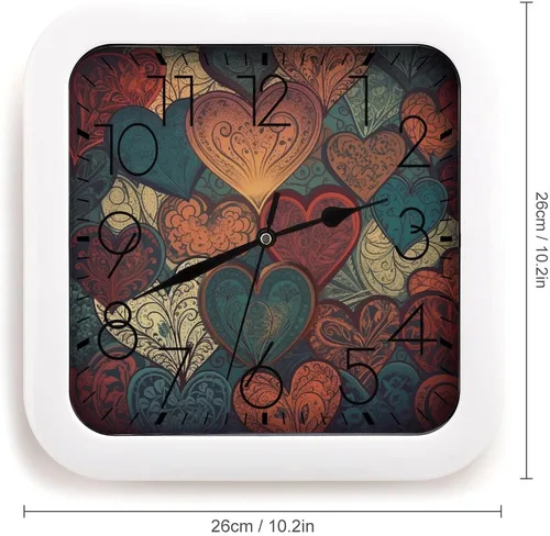 Miniatura 2 de 10" Square Modern Wall Clock,Different Heart Patterns Print Kitchen Clocks Wall Battery Operated,Silent Non Ticking Unique Funny Cute Wall Clock for