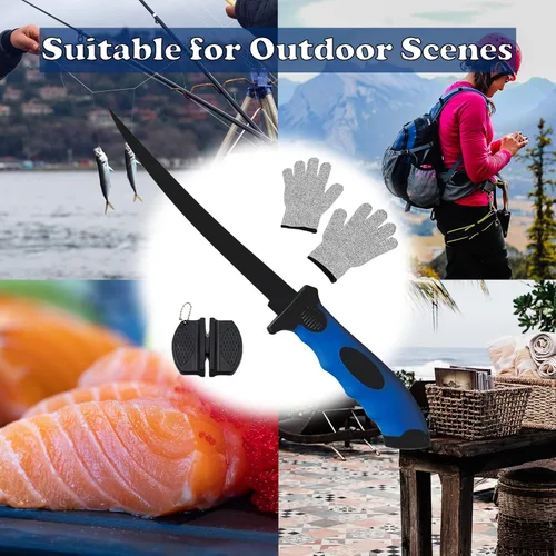 Miniatura 4 de Cuchillo de filete de pescado, juego de cuchillos profesionales de filete de pesca de 7 pulgadas, hoja de acero inoxidable con revestimiento Azul