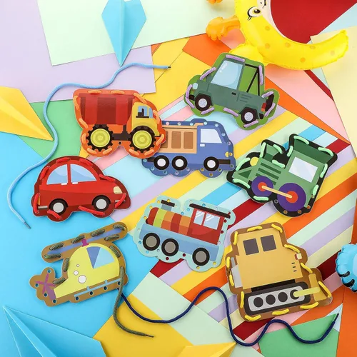Miniatura 7 de Zonon 8 tarjetas de cordones para niños, tarjetas de costura en 8 patrones, juegos de cordones para desarrollar imaginación, suministros educativos