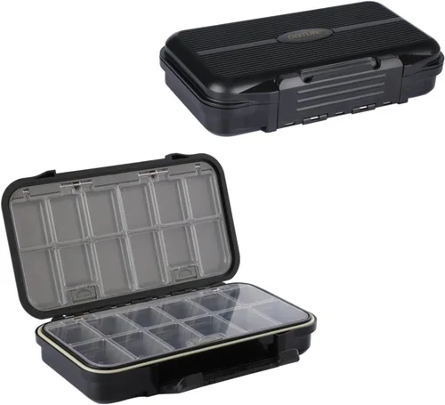 Goture Pequeña caja organizadora de aparejos de pesca con tecnología impermeable, compartimentos fijos, caja de almacenamiento de señuelos de Negro