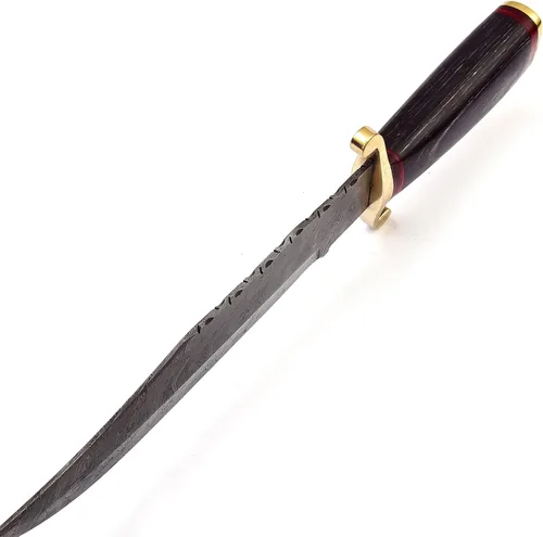 Miniatura 3 de Cuchillo de Damasco hecho a mano de 15 pulgadas con funda de cuero, hoja fija, cuchillo EDC - Cuchillos Bowie - Mango de madera negra - Los mejores
