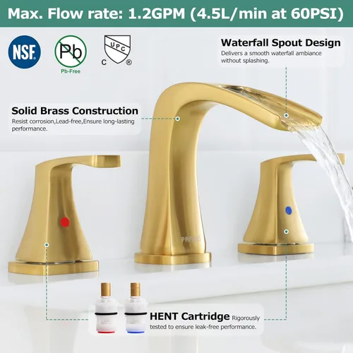 Miniatura 2 de PARLOS Grifo de lavabo de baño generalizado en cascada, 2 manijas con drenaje desplegable de metal y líneas de suministro de grifos cUPC, oro Oil