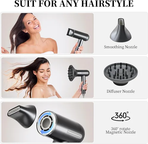 Miniatura 6 de Secador de pelo, secador iónico de alta velocidad de 1600 W con difusor, secador de pelo de plasma con modo facial (blanco)