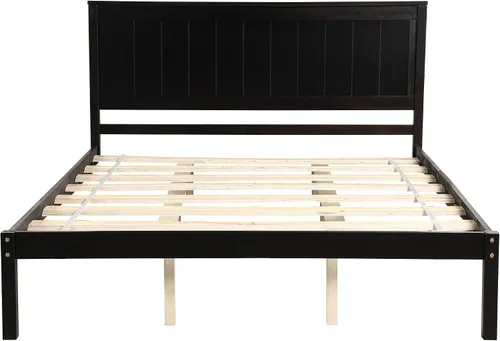 Miniatura 4 de Elegante cama de plataforma de tamaño individual con cabecero, base de cama de plataforma de madera maciza con soporte de listones de madera