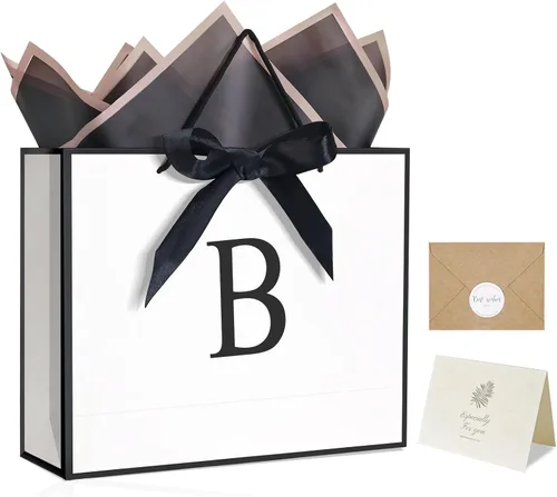 Miniatura 29 de QLSKO - Bolsa de regalo con monograma personalizada, bolsa de papel con inicial personalizada con tarjeta, sobre a juego, cinta con lazo y papel