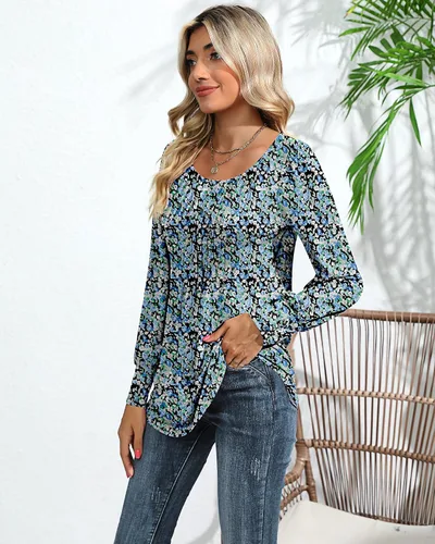Miniatura 7 de Blusa plisada de manga larga abombada para mujer, cuello redondo, elegante, casual, holgada, para verano y otoño