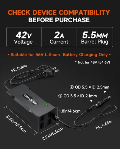 Miniatura 4 de Cargador de batería de scooter eléctrico de 42 V, 2 A, repuesto para Gotrax GXL V2/Apex/E2/G3, Hiboy S2 Lite/S2/S2 Pro/NEX3, carga rápida