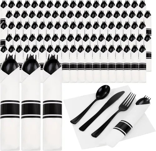 Supernal Paquete de 120 cubiertos de plástico negro, cubiertos enrollados desechables, juego de cubiertos preenvueltos con servilleta, utensilios de