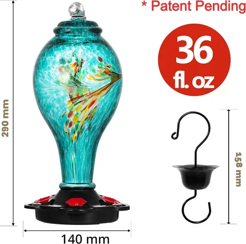 Miniatura 6 de LUJII - Comedero para colibríes de vidrio soplado a mano, nunca se decolora, 36 onzas líquidas, 5 estaciones de alimentación de metal, mucho más Azul