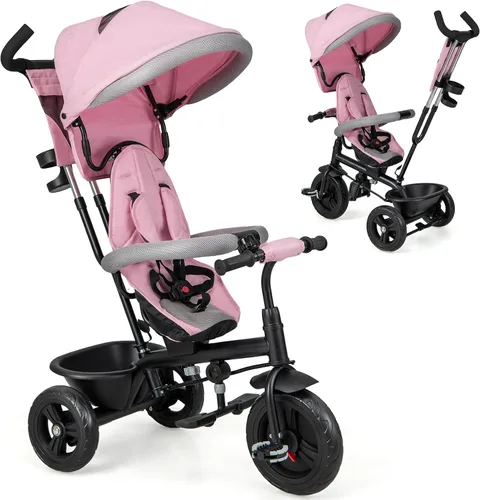 Miniatura 9 de HONEY JOY Triciclo, cochecito 6 en 1 para niños con asa de empuje ajustable y toldo, asiento reversible, cinturón de seguridad, pedal plegable, Gris