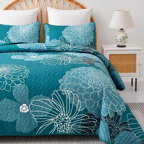 Miniatura 27 de Juego de edredón de 3 piezas con patrón floral azul marino, tamaño Queen, juego de ropa de cama reversible de microfibra con patrón de flores
