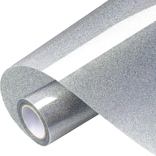 VinylRus Rollos de vinilo de transferencia de calor con brillantina, vinilo láser plateado de 10 pulgadas x 8 pies para planchar para camisas,