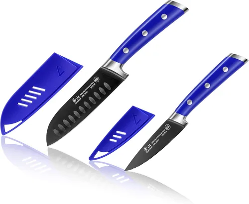 Cangshan S+ Series 1022124 Juego de cuchillos de iniciación Santoku de acero alemán forjado de 2 piezas con revestimiento de titanio, con fundas,