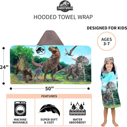Miniatura 5 de Franco - Toalla de rizo de algodón suave con capucha para niños, para uso en baño y playa, 24 x 50 pulgadas, Jurassic World: Mundo Jurásico