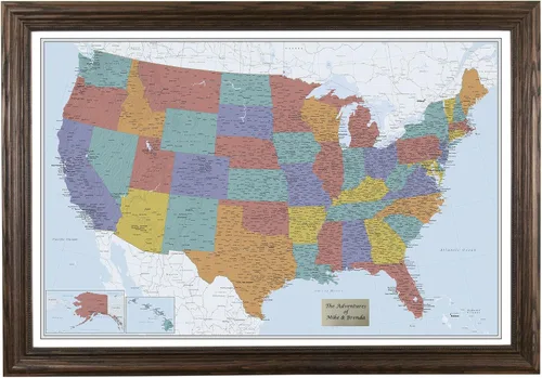 Miniatura 45 de Push Pin Travel Maps Lienzo personalizado Blue Oceans USA con marco gris de madera de granero
