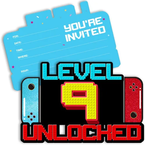 Miniatura 6 de Invitaciones de cumpleaños de videojuegos para niños de 7 años, invitaciones de cumpleaños para niños con purpurina, invitaciones de fiesta