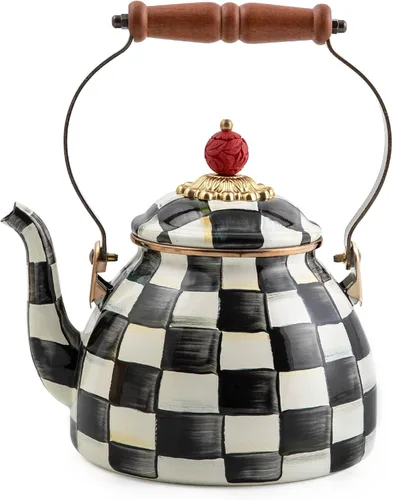 MACKENZIE-CHILDS Hervidor de té esmaltado, elegante hervidor de té para estufa, cuadros cortesanos en blanco y negro, 2 cuartos color fantasía