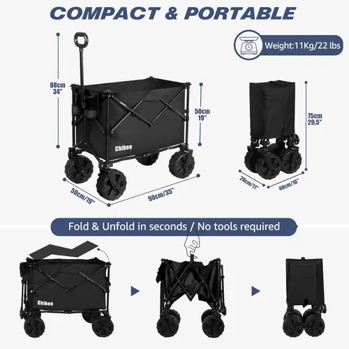 Miniatura 6 de Chihee Carro plegable de playa, carrito de jardín resistente con 2 portavasos, carrito de campamento para ruedas todo terreno con sistema