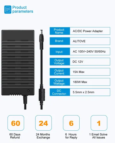 Miniatura 5 de ALITOVE Fuente de alimentación de 12 V 15 A CC 12 voltios 15 amperios 180 W controlador LED adaptador de corriente convertidor de CA a CC 10A 5A