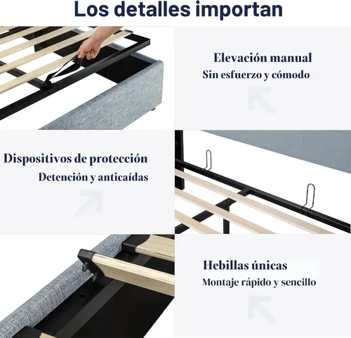 Miniatura 6 de Allewie Cama de Almacenamiento Elevable Tamaño Completo, Cabecera Moderna Wingback, Soporte Hidráulico, No Necesita Somier, Azul Gris Gris azulado