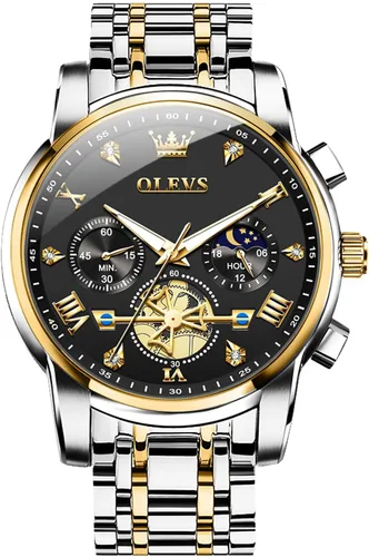 OLEVS Relojes para hombre de acero inoxidable con cronógrafo, reloj de pulsera grande analógico de cuarzo, relojes de vestir impermeables de moda