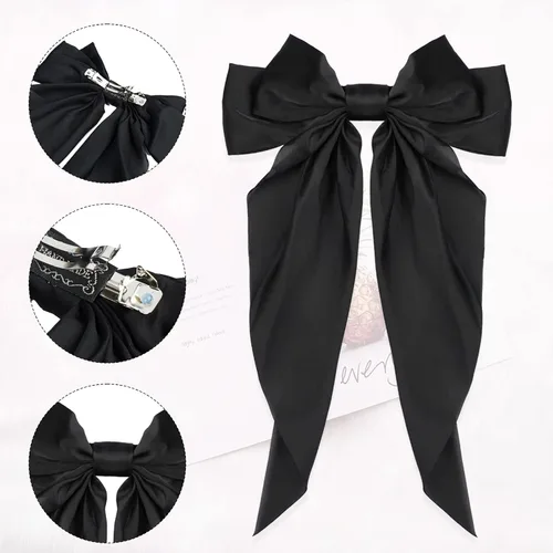 Miniatura 2 de Accesorios para el cabello con lazo grande, 2 unidades, pasadores sedosos de satén francés de cola larga para mujeres y niñas, negro, borgoña, lazos
