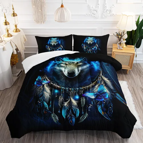 Miniatura 11 de AILONEN Juego de edredón con cabeza de lobo impresa tamaño individual, juego de ropa de cama de lobo para la noche para niños y hombres, juego