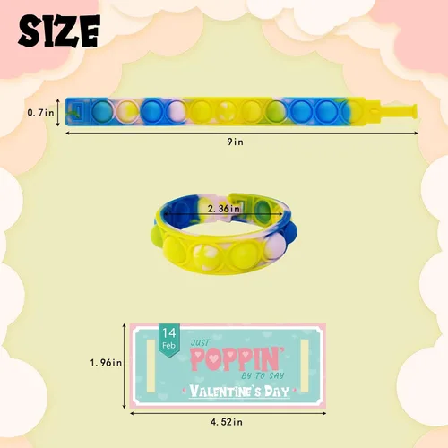 Miniatura 2 de 24 pulseras para el día de San Valentín con 24 tarjetas, juguetes para ansiedad de burbujas multicolor para la escuela, pulsera Pop Fidget Fidget