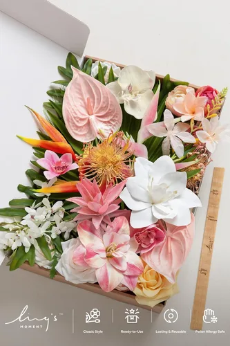 Miniatura 6 de Ling's moment Caja de flores falsas, tallos de vegetación artificiales artificiales, rosas de espuma, anturios, orquídea de seda, hoja de palmera