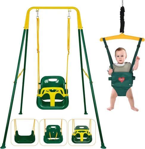 Miniatura 13 de Juego de columpio 4 en 1 para niños pequeños y jersey para bebé, columpio resistente para niños con rebotador, soporte plegable de metal