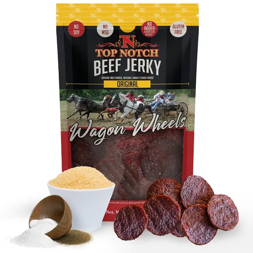 Miniatura 21 de Top Notch Wagon Wheels Jerky – Snacks altos en proteínas para niños y adultos hechos de carne de res criada localmente – Rondas sabrosas de carne