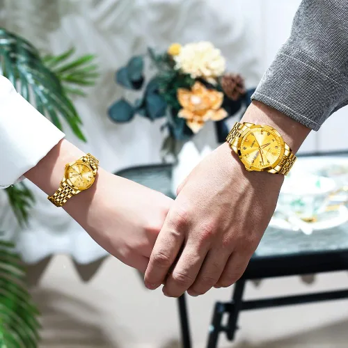 Miniatura 17 de OLEVS Juego de 2 relojes de cuarzo para parejas de San Valentín, calendario luminoso, ventana de fecha, 3 ATM, impermeable, casual, acero