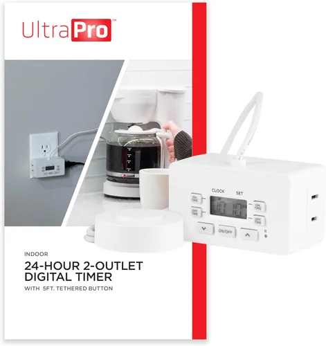 UltraPro Temporizador digital de enchufe de barra 24 horas, 2 polarizados, 2 ciclos programables, correa de anulación de 5 pies, blanco, 1 paquete,