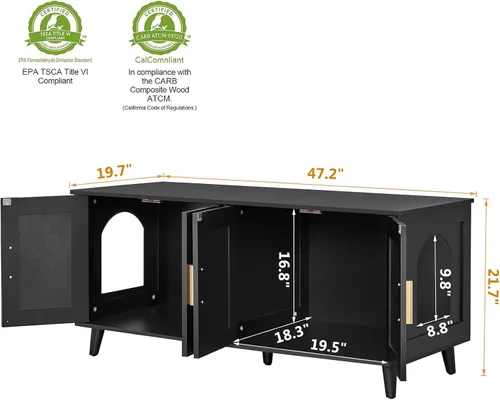 Miniatura 3 de Homhedy Caja de arena bohemia para gatos para 2 gatos, muebles de madera para baño de gatos con puertas decoradas de ratán doble, casa de mascotas