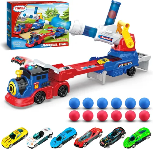 Miniatura 11 de Juego de tren de juguete 2 en 1 para niños pequeños, base de tren de catapulta con grúa torre móvil, 8 pequeños trenes magnéticos, efecto de luz
