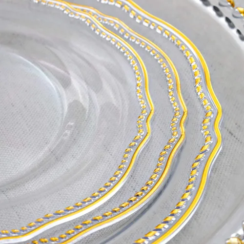 Miniatura 3 de Hioasis 175 piezas de platos de plástico transparentes y dorados y cubiertos de plástico dorados con mango de purpurina dorada y vasos transparentes