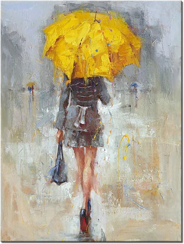 Miniatura 7 de Lienzo de pared con paraguas de niña con vestido caqui caminando en la calle lluvia pintura arte moderno lienzo abstracto obra de arte
