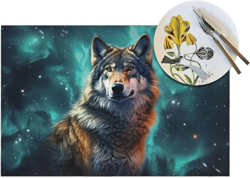 Miniatura 5 de 6 PCS PVC Placemats Set Place Mats A Wolf Stands in Front of The Starry Sky Non-Slip Weave Place Mats 12" x 18" Farmhouse Table Mat Set for Family