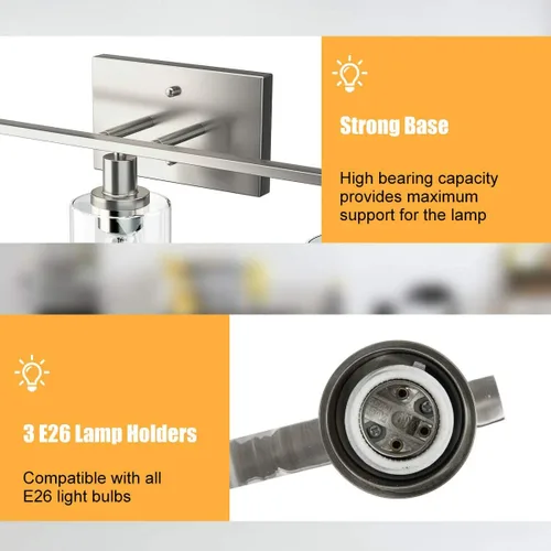 Miniatura 9 de Tangkula Lámparas de tocador de baño de 3 luces, apliques de pared modernos con pantalla de vidrio transparente con base E26, iluminación de pared